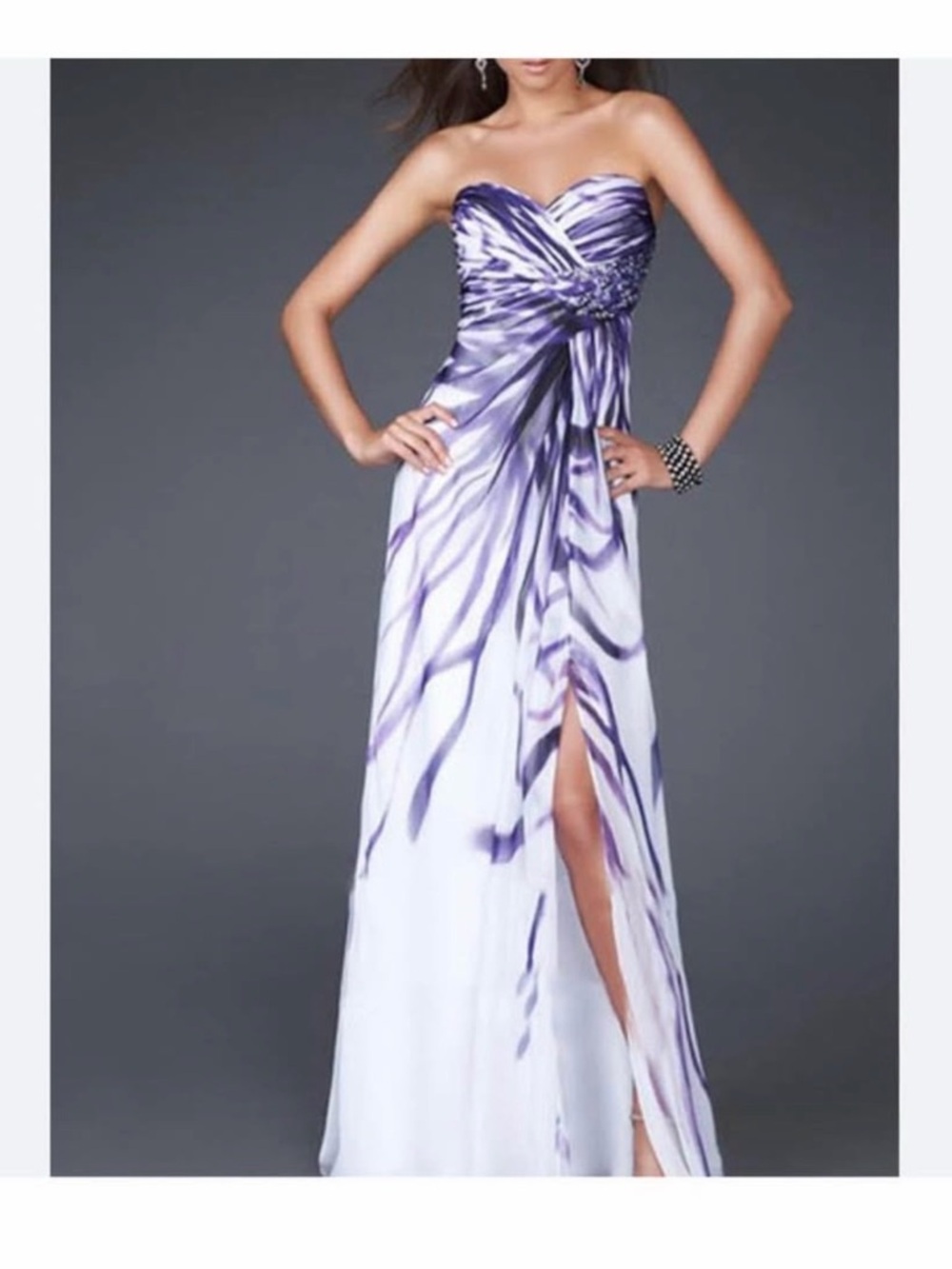 La Femme Purple & White Strapless Printed Evening Gown